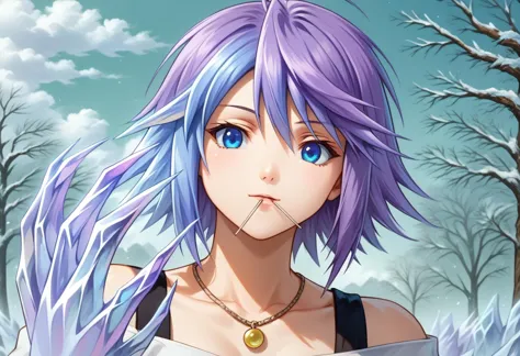 anime girl with purple hair and blue eyes holding a knife