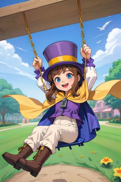 a girl swinging on a swing in a park with a hat on