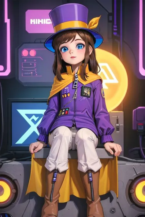 a girl in a purple top hat sitting on a speaker