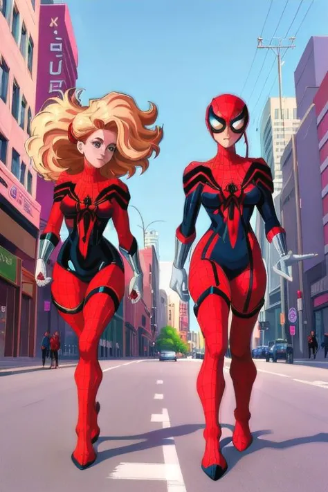 spider - man and spider - woman walking down the street