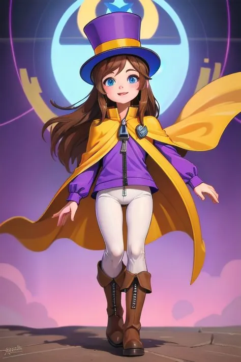 a cartoon girl in a purple top hat and yellow cape