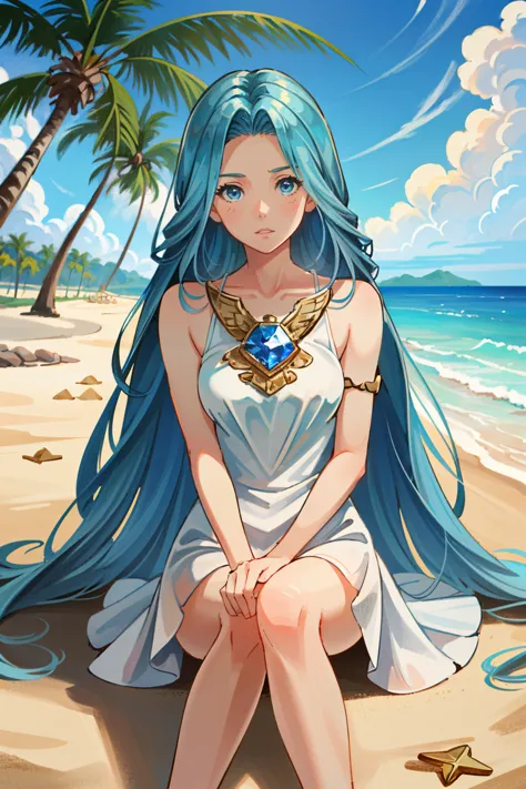 a woman sitting on a beach with a blue hair and a necklace