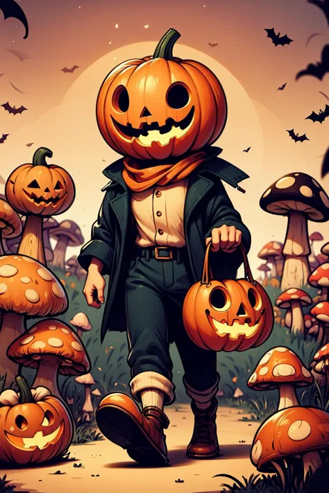 a cartoon illustration of a man in a hat and a jacket walking through a field of pumpkins