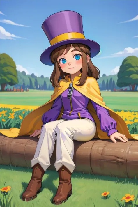 a girl in a purple hat and yellow cape sitting on a log