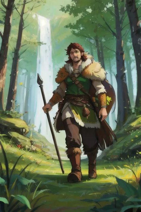 a man in a green outfit holding a spear and a staff in a forest