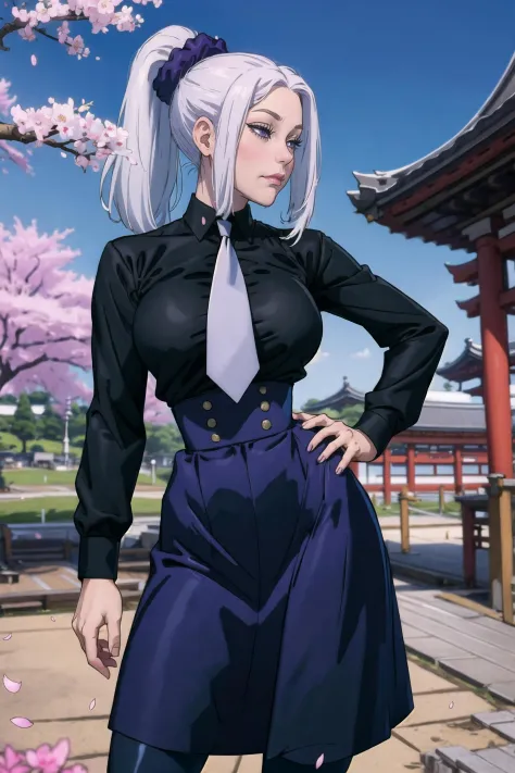 large breasts, wide hips, MEI MEI (JUJUTSU KAISEN), 1girl, solo, grey necktie, long skirt, dark purple skirt, high waist skirt, black shirt, ponytail, white hair, boots, long sleeves, hair scrunchie, in front of temple, cherry blossom petals, japan, (masterpiece), (best quality:1.2), absurdres, intricate details, <lora:meimeiv3:0.7>, <lora:thepit:0.75>