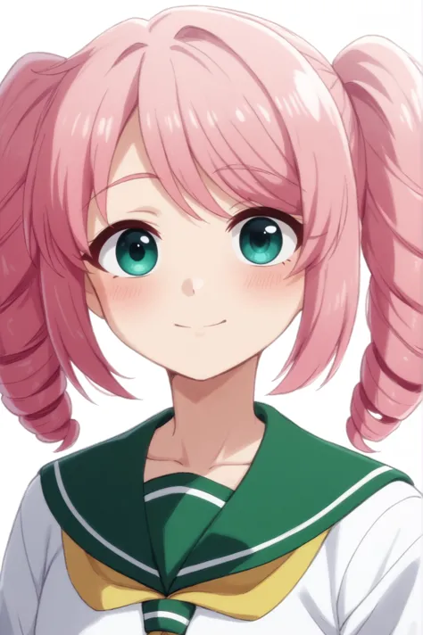 anime girl with pink hair and green eyes in uniform