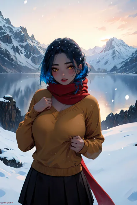 1girl, wlpstyl, blue hair, very long hair, yellow eyes, red scarf, skirt, sweater, snow, snowing, absurdres, medium soft breasts...