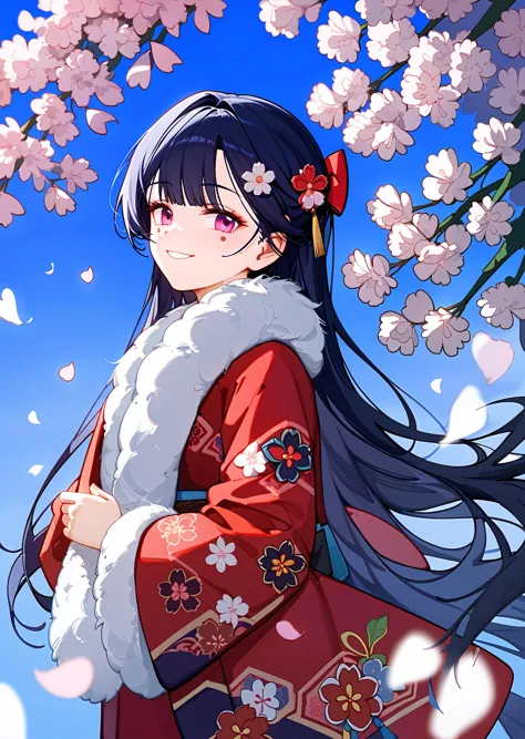 score_9, score_8_up, score_7_up, absurdres, 1girl, solo, sparklehsrpv, long kimono, long sleeves, fur trim, floral print, petals...