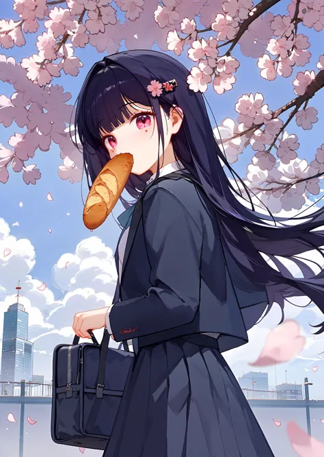 score_9, score_8_up, score_7_up, absurdres, 1girl, sparklehsrpv, open jacket, hairclip, looking back, mouth holding bread slice, school bag, cherry blossoms, petals, outdoors, <lora:sparkle-strPO-v1-000008:0.9>