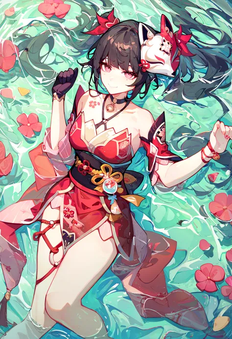 anime girl in a red dress floating in a pool of water