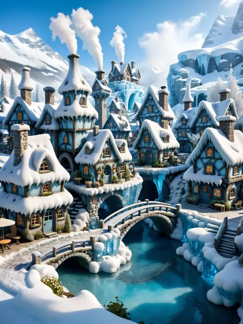 ral-glacial, A whimsical scene of a ral-glacial fairy village, with tiny shops, village square, bridges, and gardens all intricately detailed in ral-glacial textures,smoke from chimneys <lora:ral-glacial-sdxl:0.5>, dynamic, cinematic, masterpiece, intricate, hdr. <lora:EnvyBetterHiresFixXL01:0:hr=1>