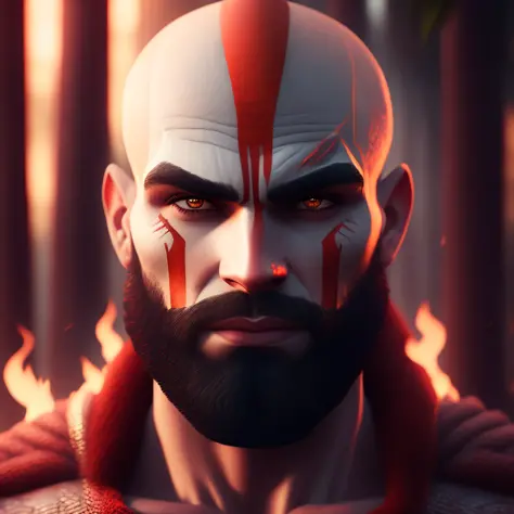 cinematic shot of  realistic close portrait of a cute kratos, forest in flames background, , seamless, epic, cinematic, intricate detail, award winning, great lighting, shading, high quality, detailed <lora:pdalns:1>