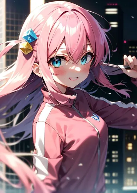 anime girl with pink hair and blue eyes in a city