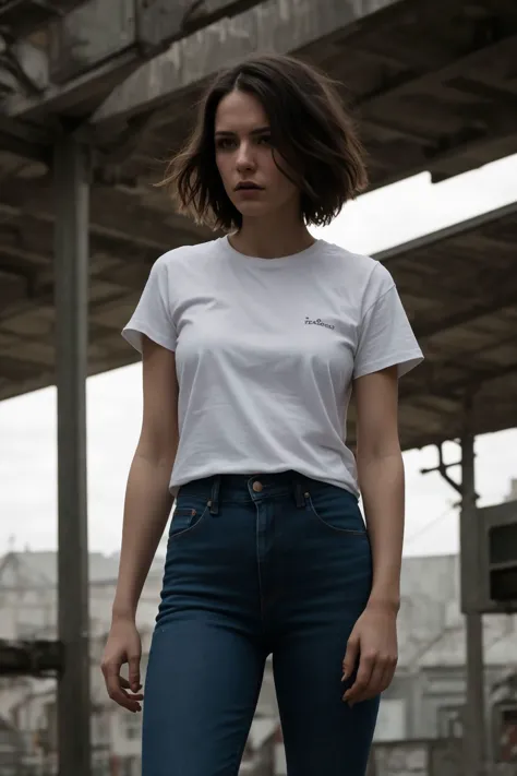 8k, RAW editorial portrait photo of woman in clothes, white t-shirt, jeans, face, short hair, posing, beautiful background, clou...