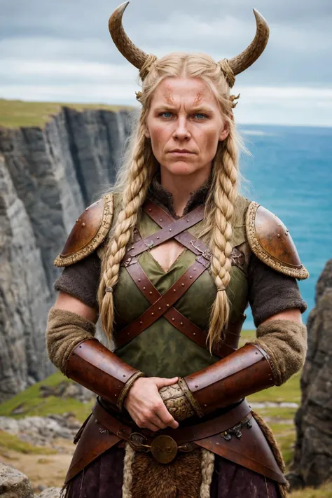 A portrait of a fierce Viking shieldmaiden, embodying bravery and resilience in a rugged landscape