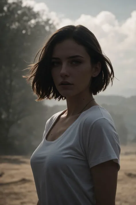 8k, RAW editorial portrait photo of woman in clothes, loose white t-shirt, face, short hair, posing, beautiful background, clouds, wind, (freckles:0.3), dark shot, perfect eyes, skin moles, (dramatic, gritty, intense:1.4), looks at viewer, cinematic shot, hard shadows, professional photo, complex, ultra-detailed, cinematic lighting, masterpiece, moody, dramatic, sharp focus, motion blur, noise, lens effects, scene by zach snyder and greg rutkowski, analog photography, award winning photo, depth of field, bokeh, ultra-detailed background, hard shadows, ray tracing, random angle shot, perfect textures, tactile textures, perfect skin texture,