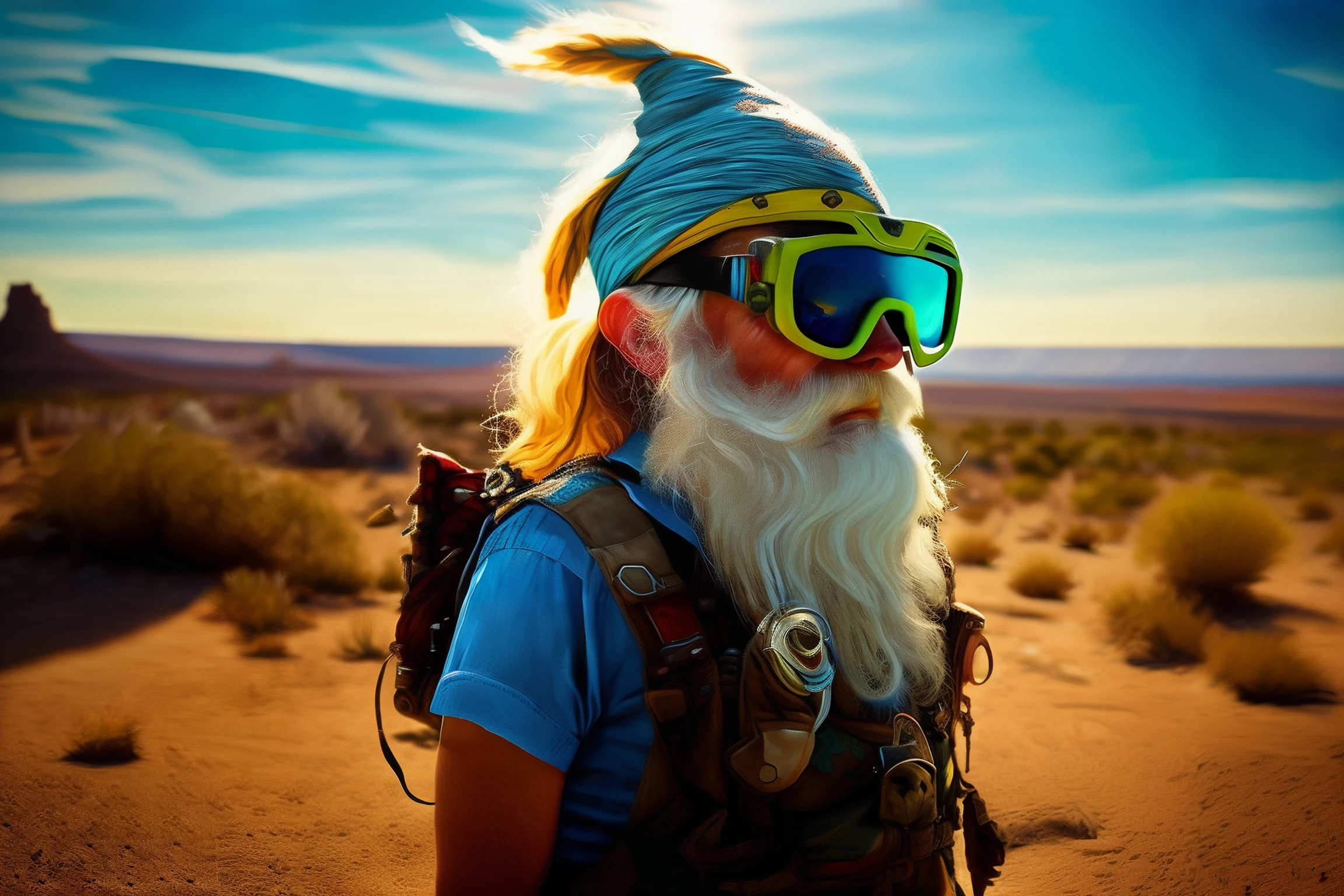 ((جنوم الحديقة)), a highly detailed forgotten جنوم الحديقة wearing goggles and head scarf surviving in a vast barren desert, خلفية قاحلة ميؤوس منها مع شمس مستعرة لا هوادة فيها, ما بعد نهاية العالم - أجواء محارب الطريق, جسم كامل, زاوية واسعة, لوحة مفصلة متناهية الصغر بواسطة ص. كريج راسل وباري ويندسور - سميث, تتجه على deviantart, السريالية الشعبية, مرح, منخفض الحاجب, وجه متماثل مثالي, التركيز الشديد, أوكتان, تحفة