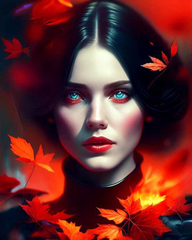 Vivid [detailed color pencil:photo shoot:0.2] by Nixeu.bin and (Bastien Lecouffe Deharme:0.5) and (Norman Rockwell:0.5) of the fearless  witch woman surrounded by dark shadows with red glowing eyes Laying on a bed of leaves (face looking sad:1.2), long exposure, goth, southern gothic, sunrise, action shot hero pose, highly detailed with sharp focus on person having most holographic day of their life, Action, cinematic dramatic lighting, bokeh, HQ, 8K, hyper detailed, translucent skin, perfect hands, RAW photo shot on Canon 5D, masterpiece [oil painting:hyperrealism:0.2] in the style of dblx2.pt