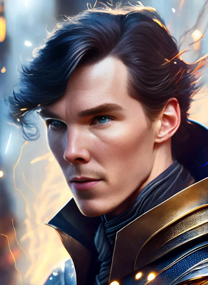 Vivid [detailed color pencil:photo shoot:0.2] by Artgerm and (Anders Zorn:0.1) and (Norman Rockwell:0.2) of the graceful (Benedict Cumberbatch) with windy hairs and Surrounded  in intricate cloak and steampunk styled (retro looked) armor Surrounded by sparks of magic (face looking Displeased:1.2), glitchcore, sunrise, action shot hero pose, highly detailed with sharp focus on character having most witchcore day of their life, Action, cinematic dramatic lighting, bokeh, HQ, 4K,detailed grainy skin, accurate hyper detailed eyes, translucent skin, perfect hands, RAW photo shot on sony a7iii, masterpiece [oil painting:hyperrealism:0.4], photorealism, professional photo