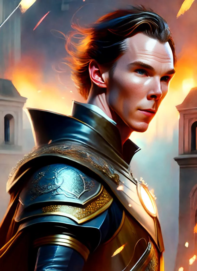 Vivid full body (detailed color pencil:photo shoot:0.2) by Artgerm and (Anders Zorn:0.1) and (Norman Rockwell:0.2) of the graceful (Benedict Cumberbatch) with windy hairs and Surrounded  in intricate cloak and steampunk styled (retro looked) armor Surrounded by sparks of magic (face looking Displeased:1.2), glitchcore, sunrise, action shot hero pose, highly detailed with sharp focus on character having most witchcore day of their life, Action, cinematic dramatic lighting, bokeh, HQ, 4K,detailed grainy skin, accurate hyper detailed eyes, translucent skin, perfect hands, RAW photo shot on sony a7iii, masterpiece [oil painting:hyperrealism:0.4], photorealism, professional photo