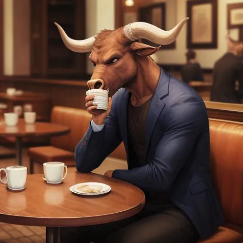 araffe with horns drinking coffee in a restaurant with a man in a suit