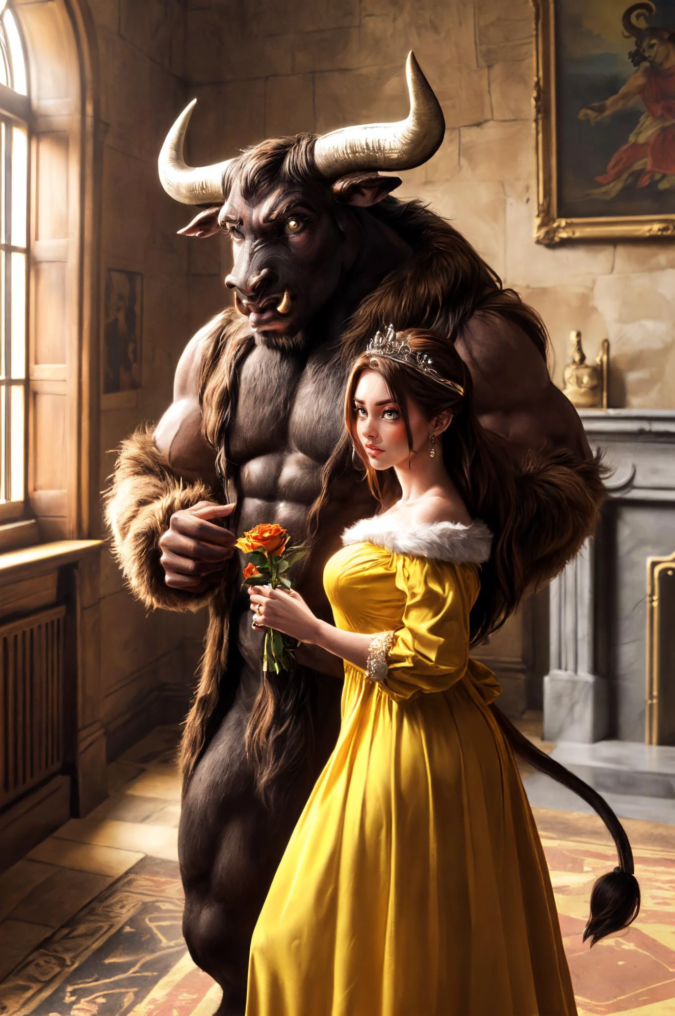 1girl, 1men, couple, belle \(disney\), (yellow dress:1.2), brown hair, hair bun, tiara, curvy, (holding a red rose:1.1), minotaur, orc, monster, nose ring, fur, muscular, size difference, height difference, glowing eyes, fat man, body hair, body fur, horror \(theme\), Beauty and the Beast, castle, ancient royal Victorian room, stone walls, Bright, medium long shot, Resolution: 4k, scenic perspective, best quality, masterpiece, high resolution, 