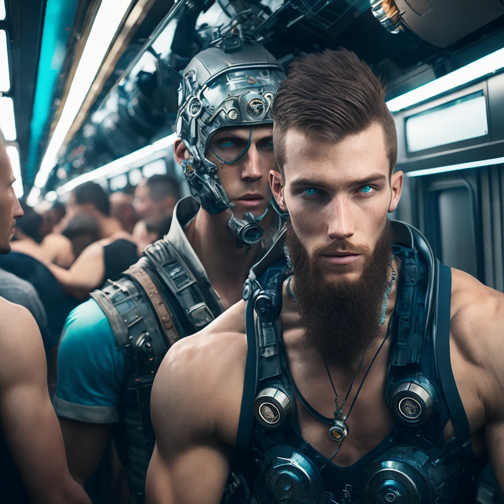 sharp 300mm f/1.4 photo of ((a nordic man)) with a (((futuristic))) ((mechanical eye)) ((wearing a blue tank top)) and ((holding a robot)) is ((riding a crowded train)),intricate details, (cyberpunk),volumetric fog lighting,pipes,cables,wiring,ghost in the shell,akira,blade runner, natural skin texture, 24mm, 4k textures, soft cinematic light, adobe lightroom, photolab, hdr, intricate, elegant, highly detailed, sharp focus, ((((cinematic look)))), soothing tones, insane details, intricate details, hyperdetailed, low contrast, soft cinematic light, dim colors, exposure blend, hdr, faded