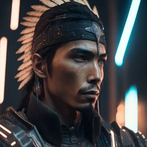 sharp 200mm f/2.0 photo of ((a native american man)) with no blonde hair and a (((futuristic))) ((mechanical nose)) ((wearing a ...