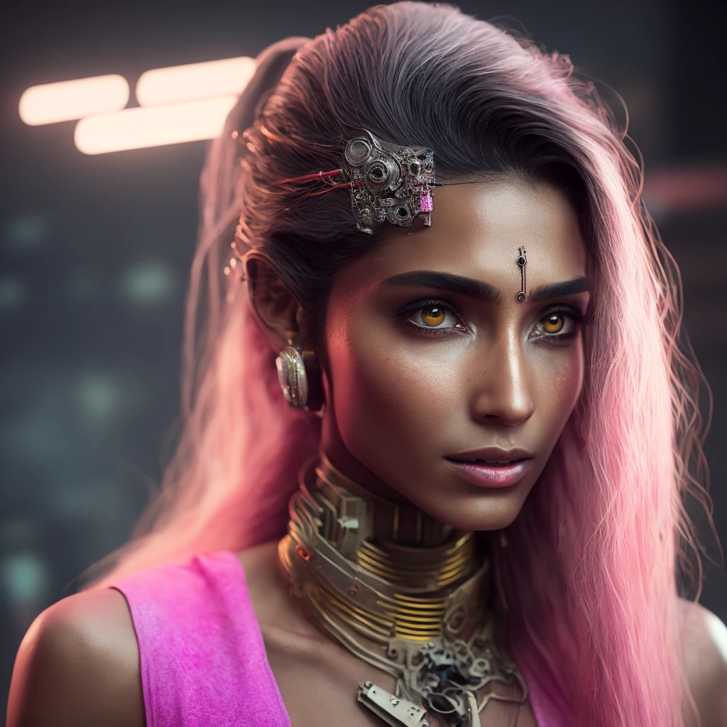 sharp 135mm f/4.0 photo of ((an indian woman)) with very long blonde hair and a (((futuristic:1.3))) ((mechanical eyebrows:1.5)) ((wearing a pink tank top)) and ((holding a wires)) is ((performing a surgery)),intricate details, (cyberpunk),volumetric fog lighting,pipes,(cables),(wiring),ghost in the shell,akira,blade runner, natural skin texture, 24mm, 4k textures, soft cinematic light, adobe lightroom, photolab, hdr, intricate, elegant, highly detailed, sharp focus, ((((cinematic look)))), soothing tones, insane details, intricate details, hyperdetailed, low contrast, soft cinematic light, dim colors, exposure blend, hdr, faded