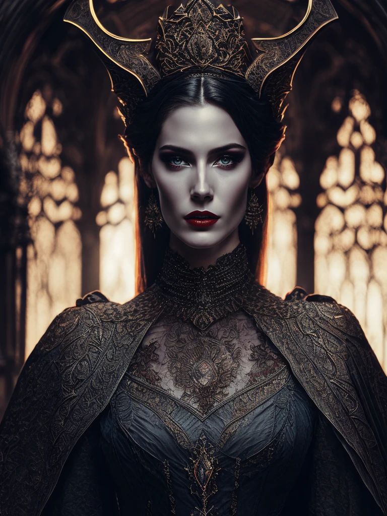 Rainha Vampira Reimaginada por TanvirTamim, retroiluminado, Detalhes intrincados, altamente detalhado, atmosfera de ardósia, cinematic, cores esmaecidas, tiro escuro, cores suaves, filme granulado, acesso, assustador
