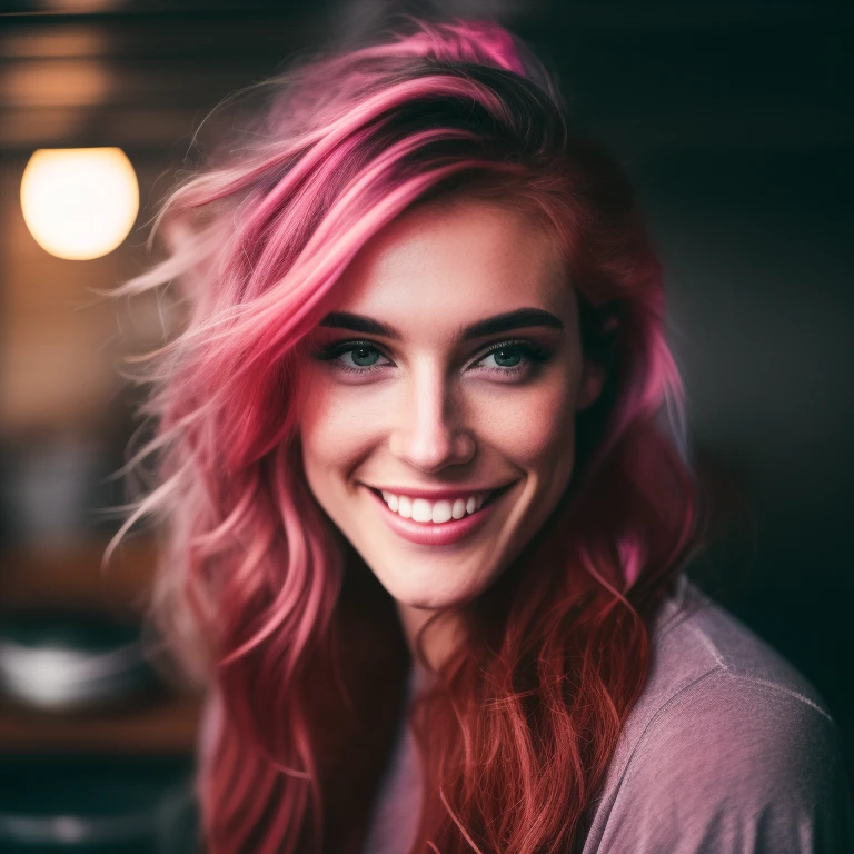 85-mm-Porträtfoto eines süßen Mädchens, lächeln, pinkes Haar, 20 Jahre alt, Küche, Flirten mit der Kamera, Schieferatmosphäre, filmisch, gedämpfte Farben, dunkler Schuss, gedeckte Farben, Film körnig, Zugang, Gespenstisch