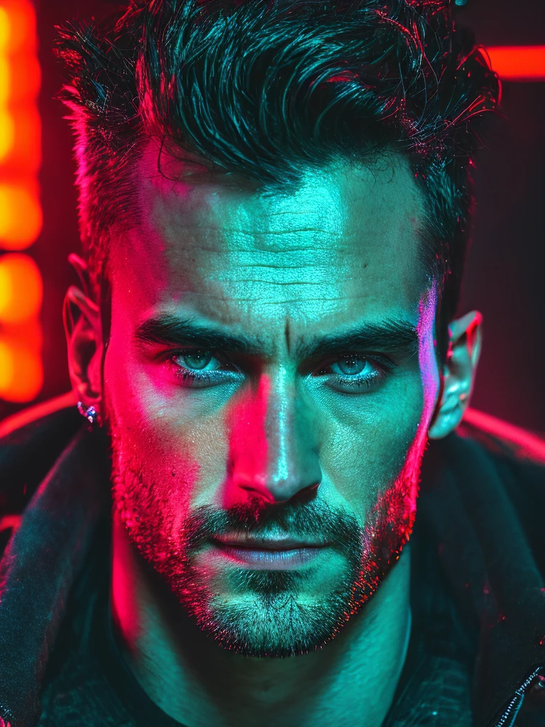 macro crisp quality, close up portraint, of cyberpunk brutal man, in cyberpunk neon room, rough skin, look at a camera, glowing eyes, age 40, cinematic, dimmed colors, dark shot, muted colors, film grainy, lut, spooky