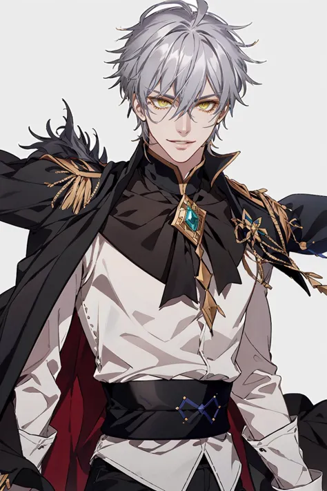 AGGA_ST015,  , Gilgamesh,  ? edmond dantes (fate) 809
General
? 1boy 1.0M
? black cape 16k
? cape 168k
? collared shirt 284k
? grey hair 467k
? hair between eyes 848k
? lips 121k
? looking at viewer 2.5M
? male focus 466k
? parted lips 366k
? green  background 38k
? shirt 1.3M
? simple background 1.3M
? smile 2.2M
? solo 4.0M
? upper body 539k
? white shirt 565k
? wing collar 50k
? yellow eyes 524k,  <lora:HlrAlkaid:0.3> <lora:fata:0.3> <lora:anal_2023-05-21_131200:0.7> <lora:HerrscherAGGA2023_Boys-Style_V1:0.4>