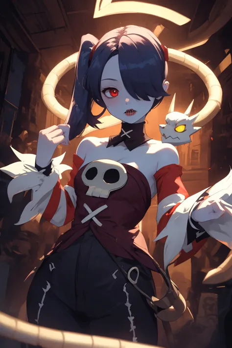 <lora:squigly skullgirls:0.8> squigly,bare shoulders, detached sleeves, hair over one eye, red eyes, side ponytail, detached col...