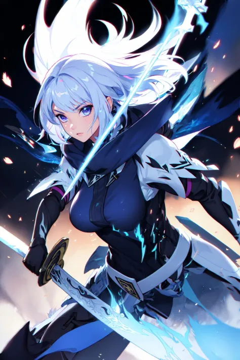 colorful, 1girl, white hair, purple eyes, dual wielding, sword, holding sword, blue flames, glow, glowing weapon, light particle...