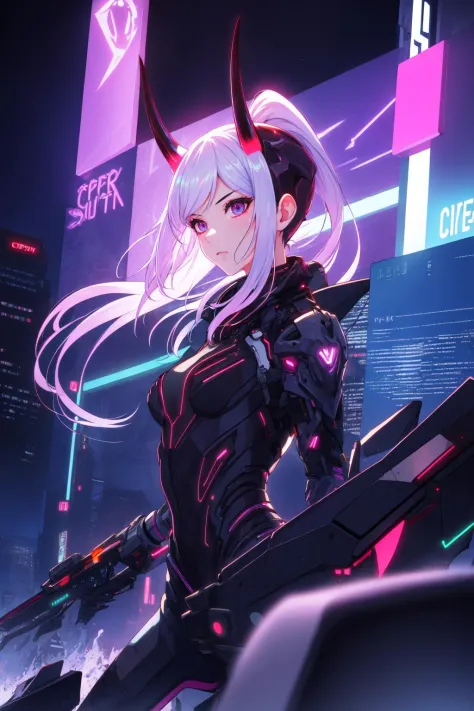 masterpiece, best quality, 1girl, solo, long hair, ponytail, demon horns, horns, cyperpunk vibes, synthwave, city scrapper, nigh...