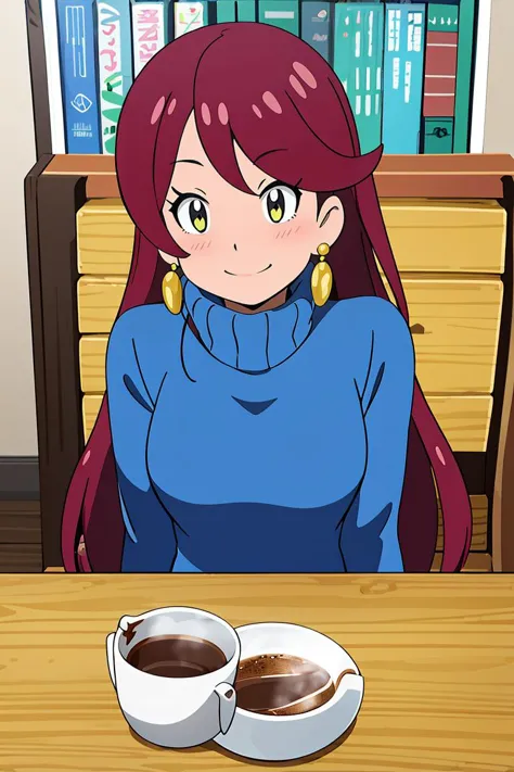 anime girl sitting at a table with two cups of coffee