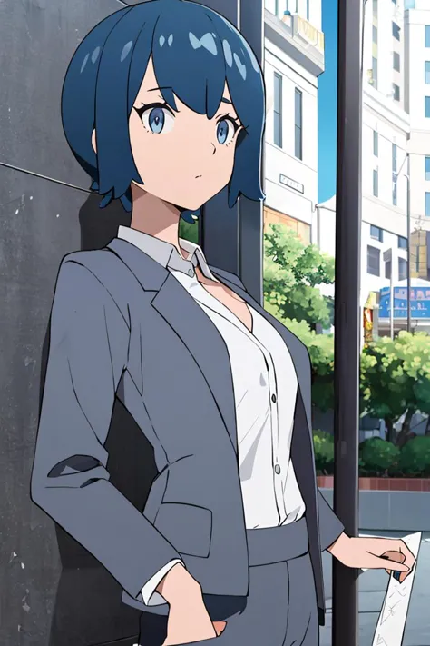 anime character in business attire standing on sidewalk next to building