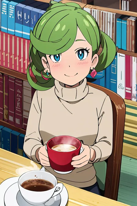 anime girl with green hair holding a cup of coffee