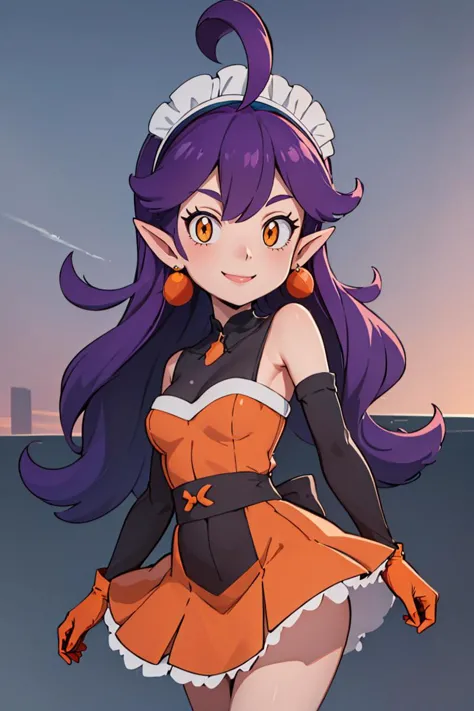 <lora:Alola_Style:0.5>, ((masterpiece,best quality)), absurdres, <lora:Stardust_Pumpkins_Citron_OC_Anime:0.8>, Stardust_Pumpkins_Citron_OC,  1girl, solo, long purple hair,  orange eyes, ahoge, pointy ears, (orange dress:1.1), elbow gloves, bare shoulders, maid headdress, jewelry, earrings,  solo, smiling, looking at viewer, cowboy shot,   , ,