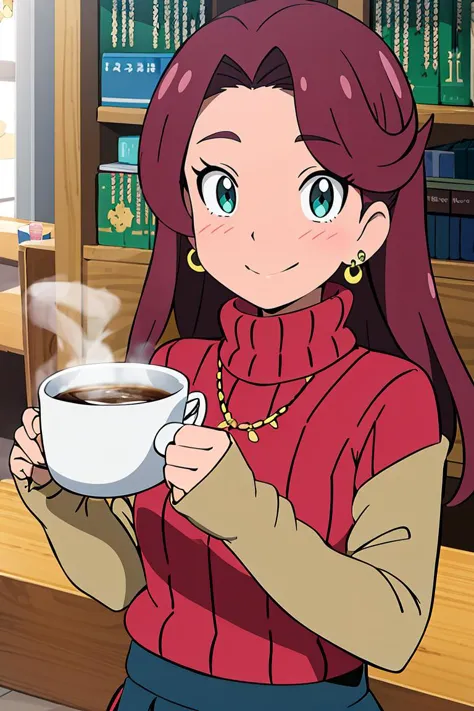 anime girl holding a cup of coffee in a library