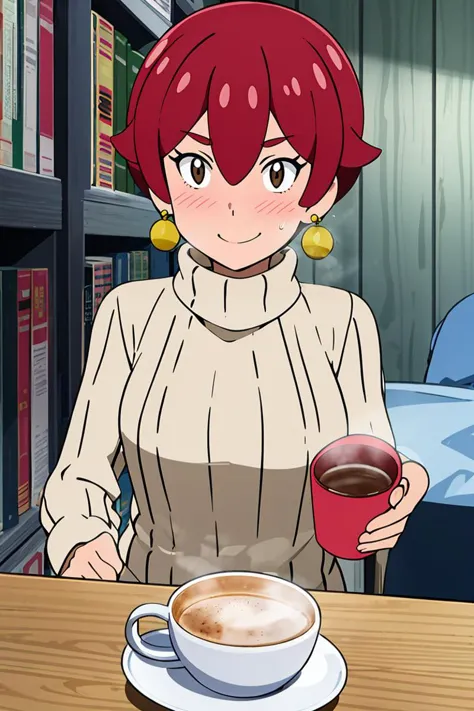 anime girl with red hair holding a cup of coffee