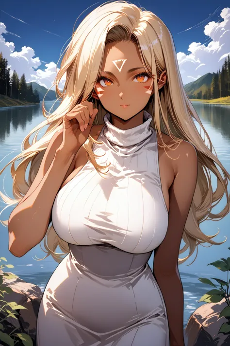 score_9, score_8_up, core_7_up, source_ANIME, 
uld, dark-skinned woman, long hair, huge breasts, sharp eyes, hand up, face tattoo
cowboy shot, 
white one-piece dress, turtleneck, off shoulder, bare arms, sleeveless, 
lake, 
<lora:Urd:0.7>,  <lora:urushihara-lora04_PonyXL:0.75>,  <lora:cnv3mdde878c738thn20:0.6>, <lora:anrakugai_xl4:0.6>