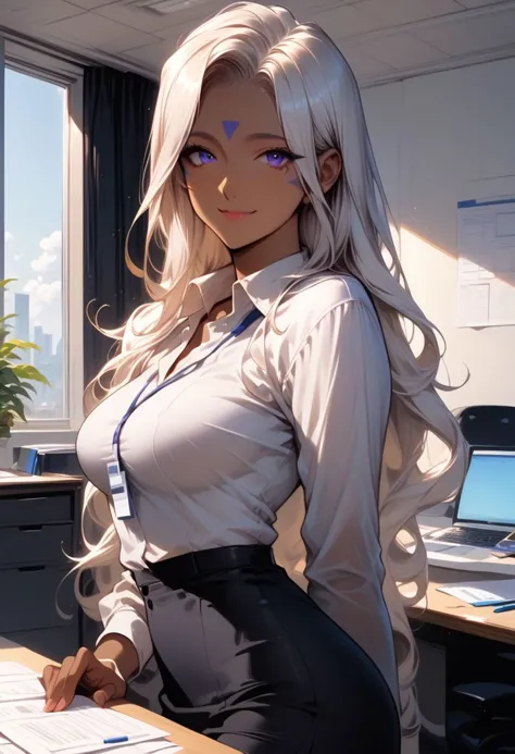 score_9, score_8_up, score_7_up, score_6_up, masterpiece, ultra detailed, best quality, source_anime, Expressiveh, BREAK, 1girl, smile, closed mouth, (Urd, dark-skinned female), large breasts, office lady, pencil skirt, white shirt, pantyhose, office, desk, indoors, day, looking at viewer, from side, (detailed face, detailed eyes), delicate features, soft lighting, warm colors