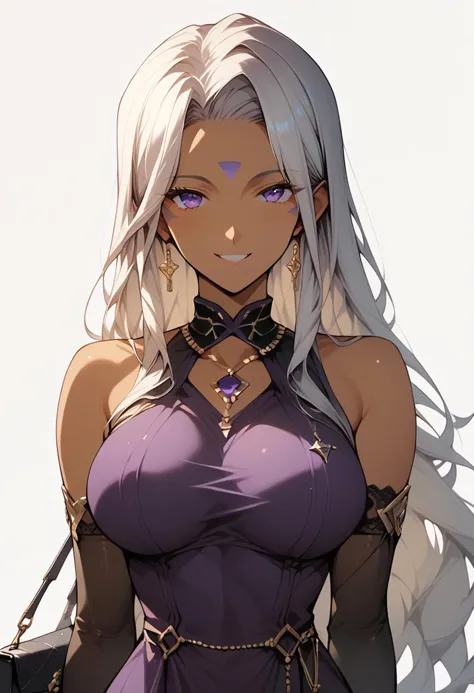 core_9, score_8_up, score_7_up, score_6_up, masterpiece, ultra detailed, best quality, source_anime, Expressiveh, zPDXL, BREAK, 1 girl, (Urd, dark-skinned female), smile, purple dress, large breasts, from front, simple background, sleeveless, sleeveless dress, jewelry, bracelet, elbow gloves, bare shoulders, handbag, (upper body focus), (detailed face, detailed eyes)