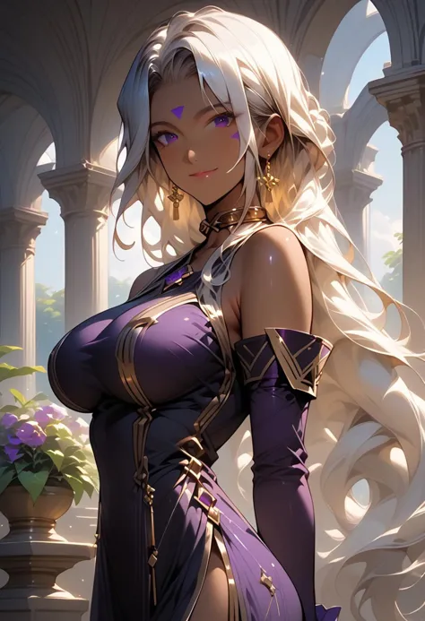 score_9, score_8_up, score_7_up, score_6_up, masterpiece, ultra detailed, best quality, source_anime, Expressiveh, zPDXL, BREAK, 1girl, smile, closed mouth, (Urd, dark-skinned female), large breasts, purple dress with golden trim, golden trim, detached sleeves, golden choker, earrings, jewelry, purple elbow gloves, indoors, manor, lush interior, marble (stone), shiny skin, cowboy shot, looking at viewer, dynamic pose, (detailed face)