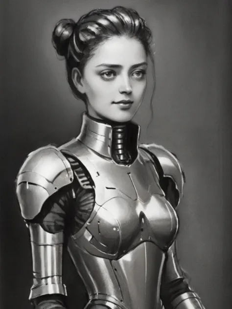 charcoal, girl, portrait of (happy:0.7) hot 1800 Victorian (cyborg:1.2), futuristic armor, <lora:charcoal-watercolor:1.1>