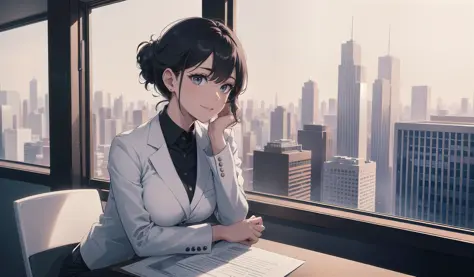 An upper-body shot of a strong, confident businesswoman sitting at her desk in a sleek, modern office. She wears a crisp white shirt with a sharp blazer, and her hair is styled in a neat, professional updo. Her expression is focused and determined, with a hint of a smile that conveys her inner strength and confidence. In the background, a large window provides a sweeping view of the city skyline, with tall buildings and bustling streets visible below. The overall mood is one of power and ambition, capturing the strength and determination of a successful woman in the workplace.