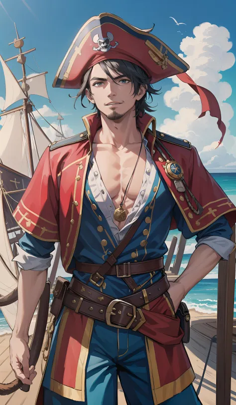 a swashbuckling portrait of a pirate captain, standing proudly on the deck of his ship, with the rolling sea and clear blue sky ...